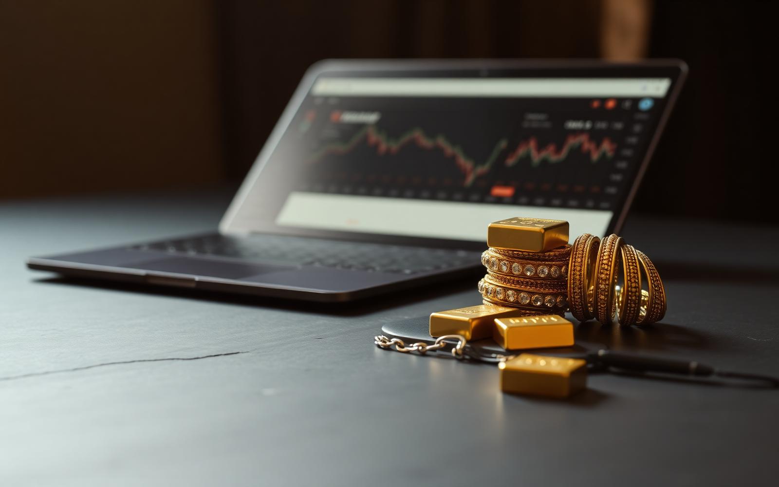 Gold jewellery and bars beside a rate comparison dashboard